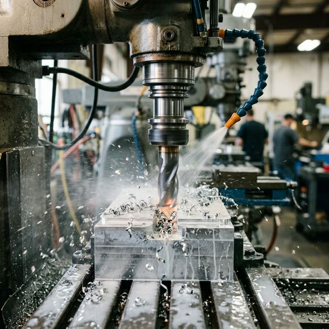 CNC-Fräser zerspant ein Aluminium-Werkstück mit sichtbaren Späneflug und Kühlmittelnebel