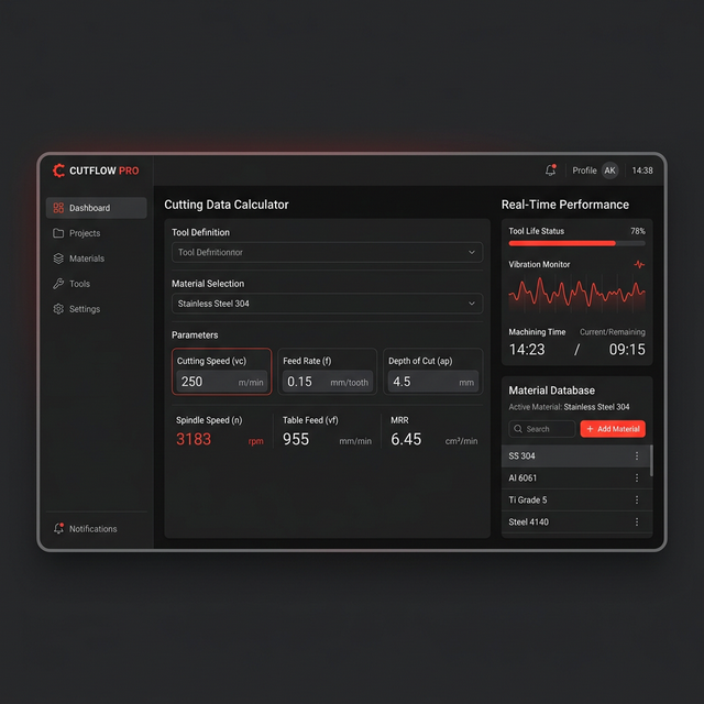 CNC Werkzeuge Pro — Dashboard mit Schnittdaten-Rechner, Echtzeit-Überwachung und Werkstoff-Datenbank